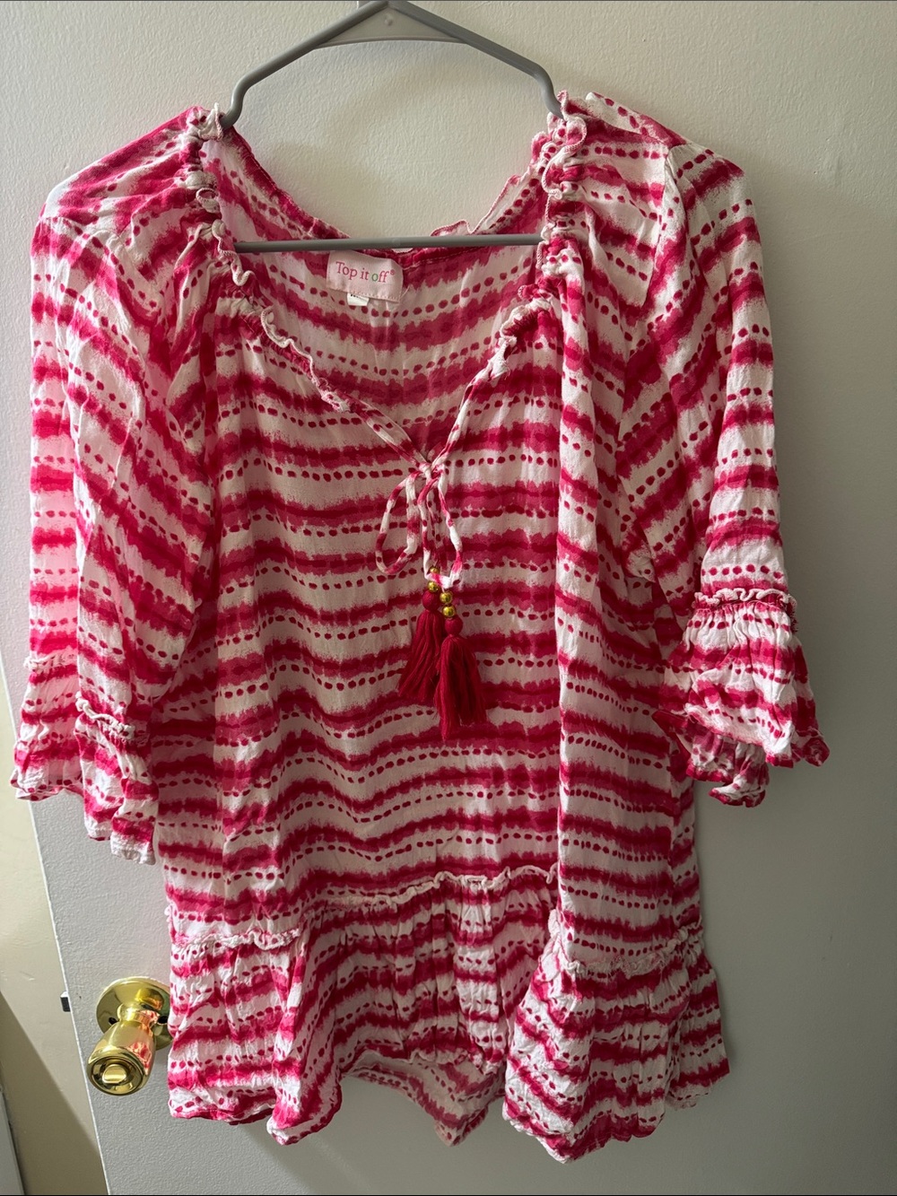 Pink Tie-Dye Peasant Blouse with Tassel